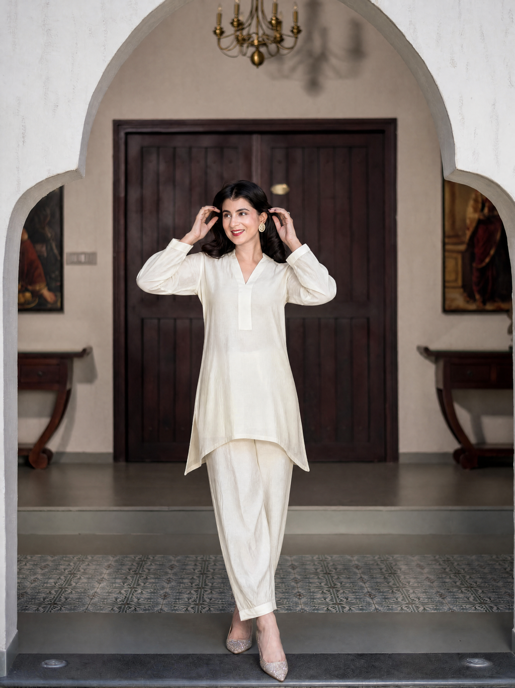 White Silk Kurta Set With Pocket