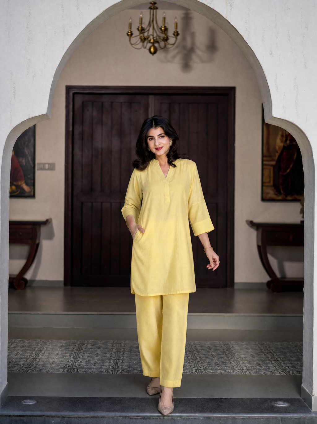Butter Yellow Silk Kurta With Pocket