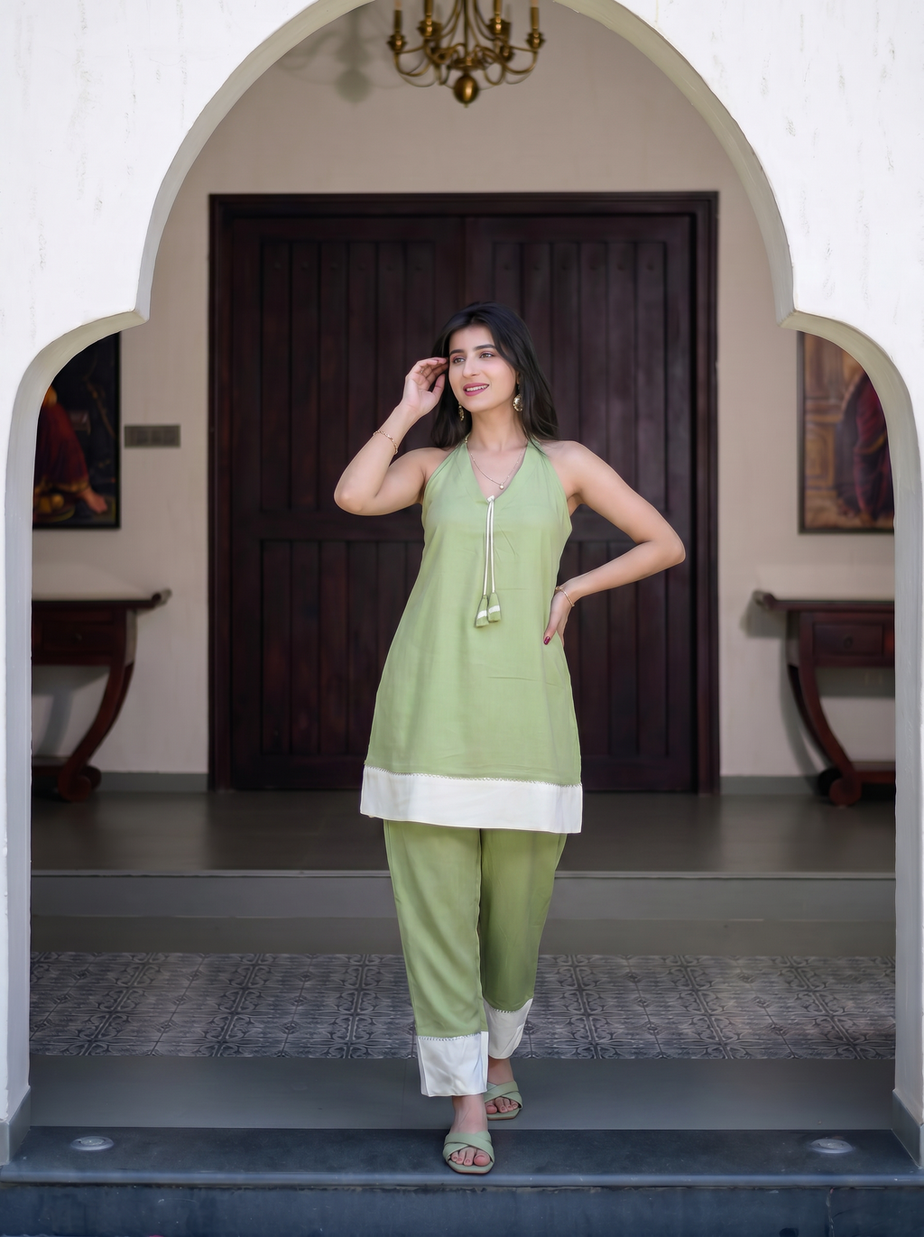 Pista Green and Off White Co-Ord Set