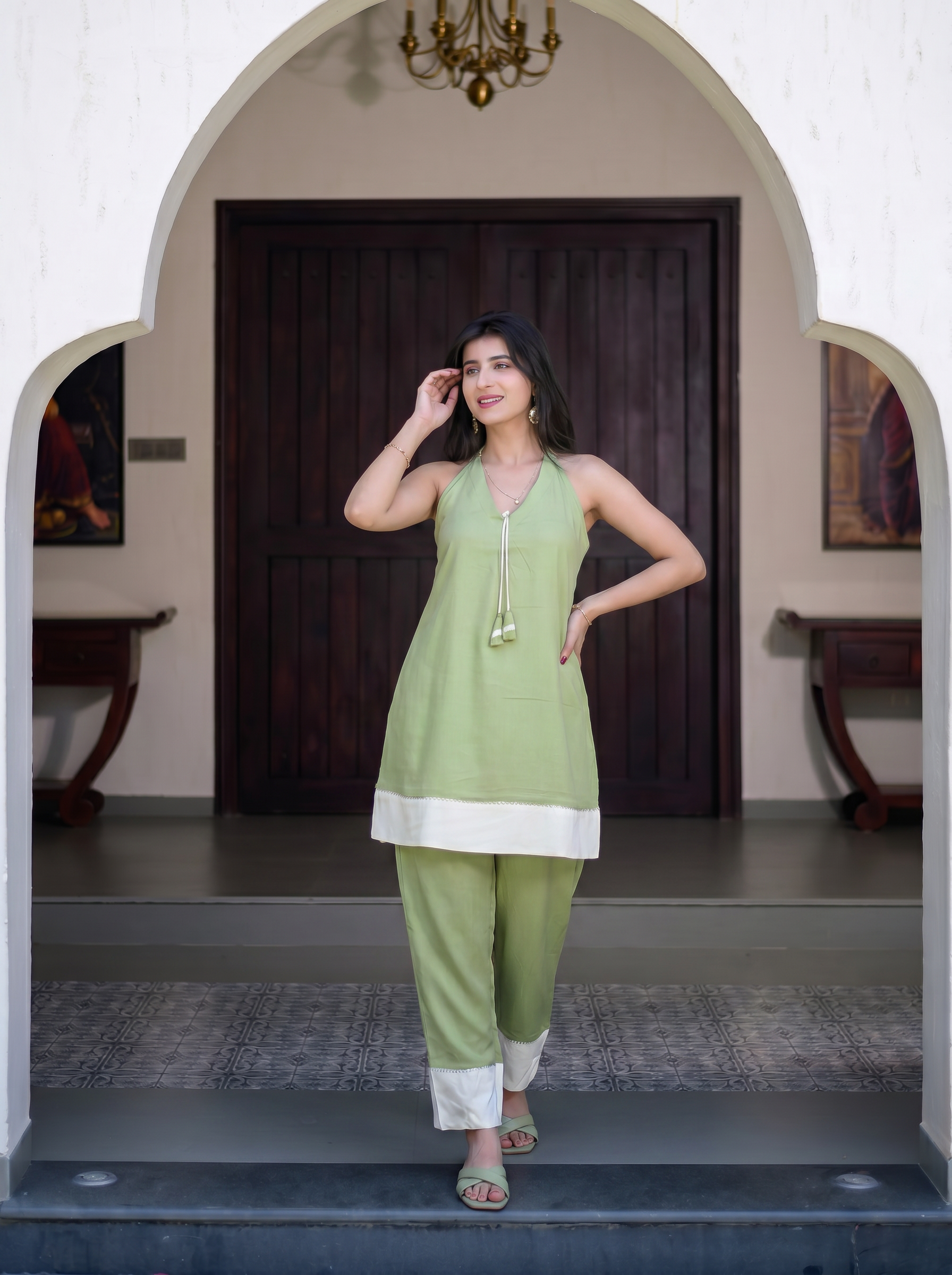 Pista Green and Off White Co-Ord Set