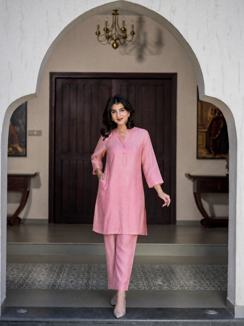 Light Pink Silk Kurta Set With Pocket