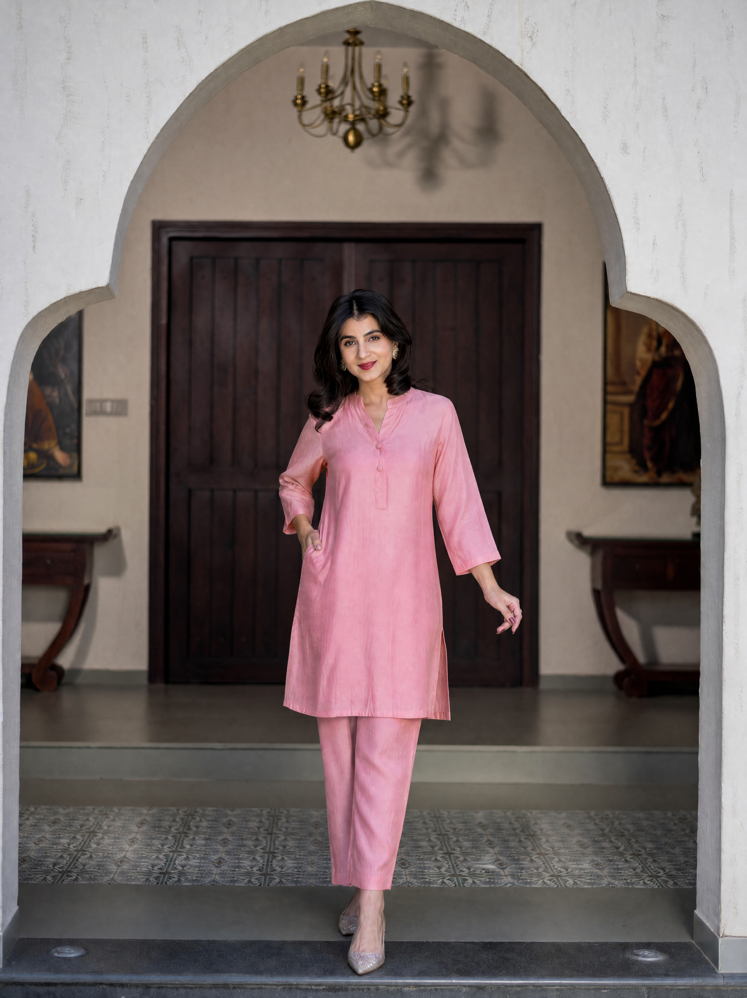 Light Pink Silk Kurta Set With Pocket
