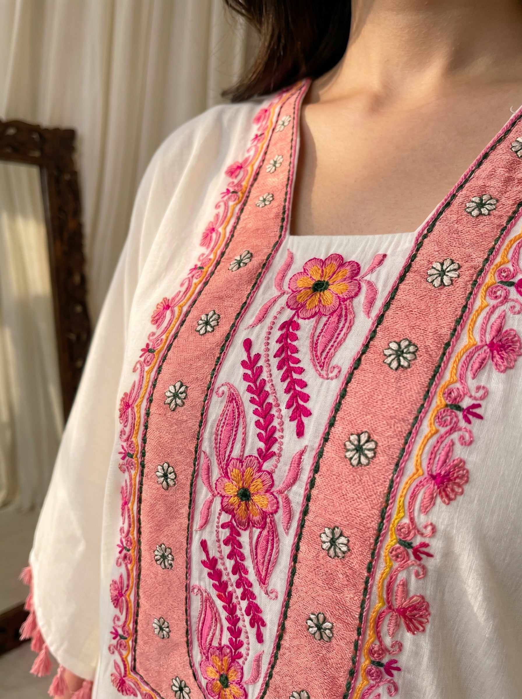 White EMB Kaftan Set